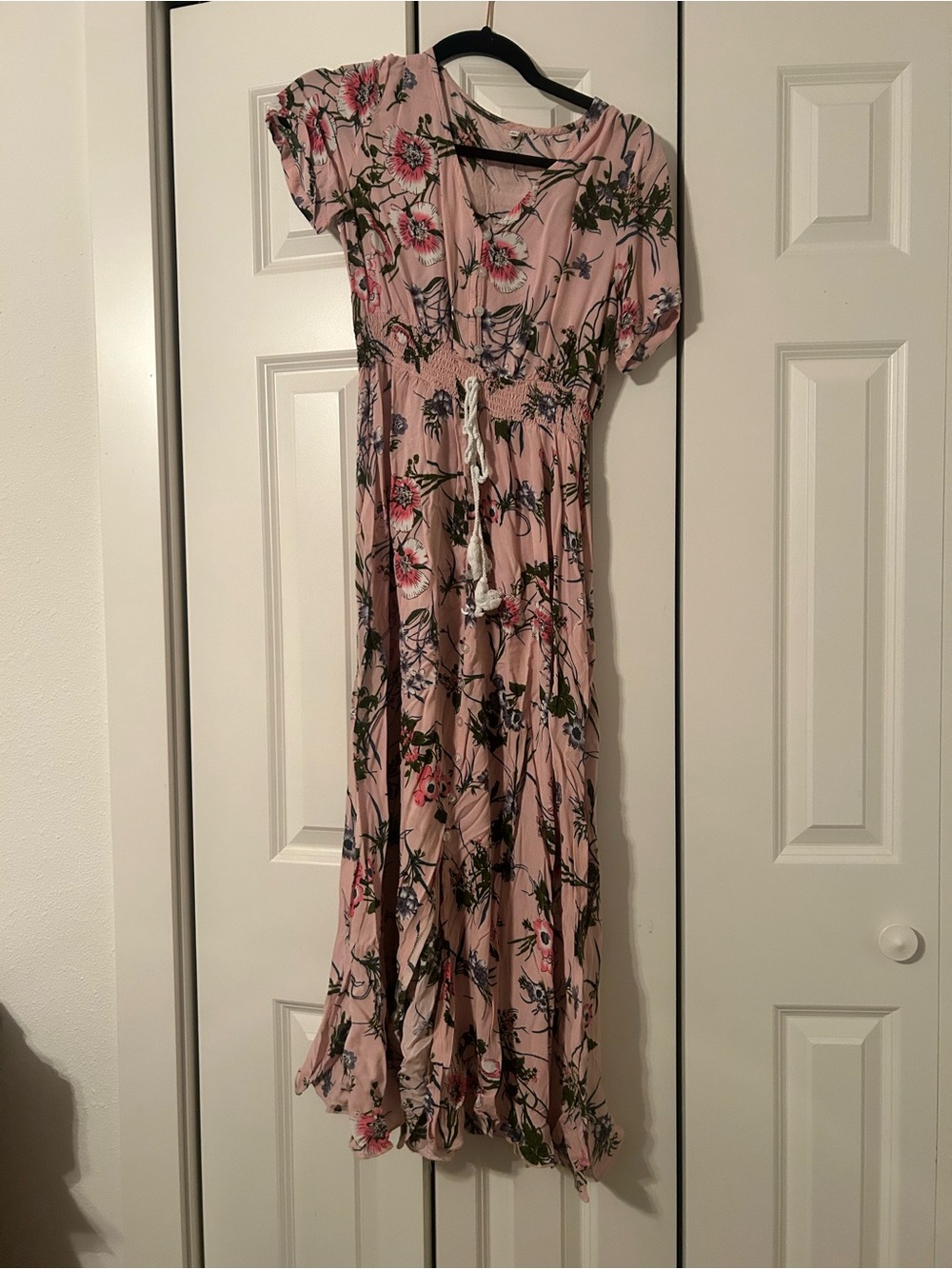 Blush Pink Floral Boho Midi Dress Smocked Waist Button Front Medium
